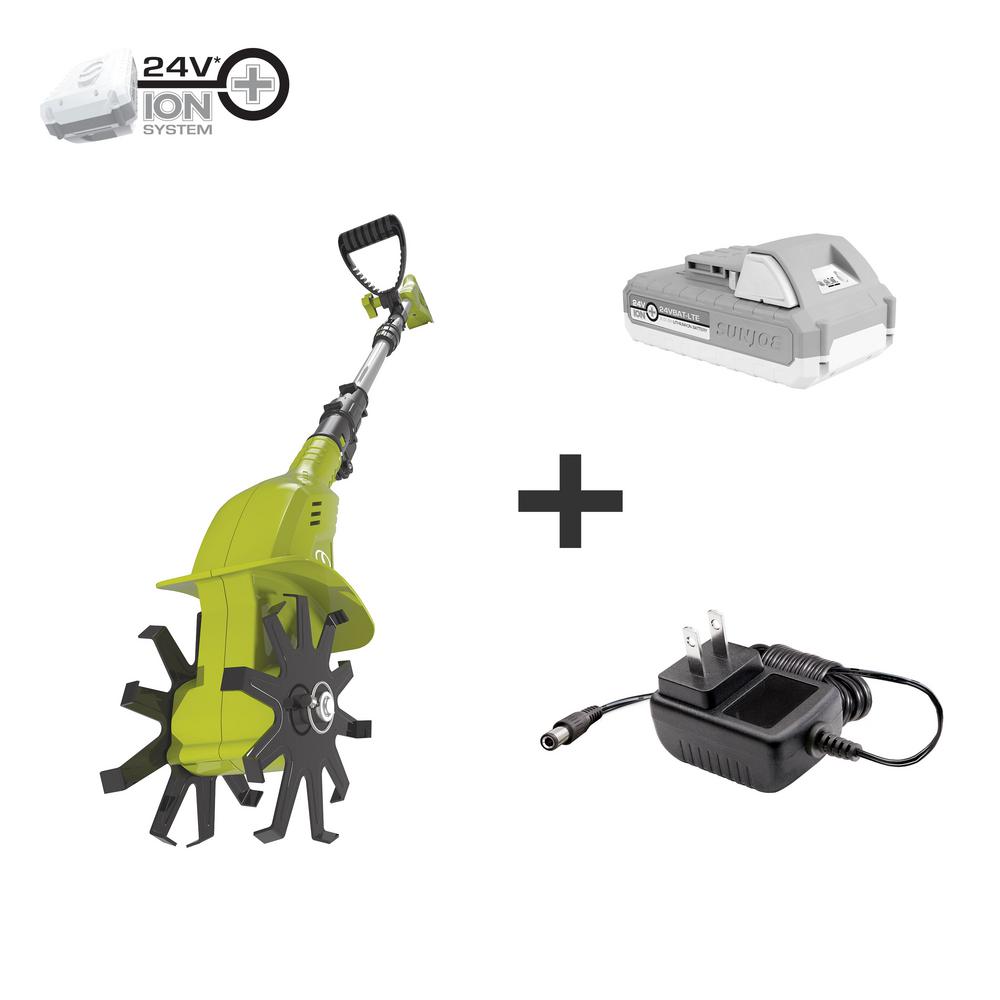 Sun Joe 4.25 in. 24-Volt Cordless Electric Garden Tiller/Cultivator Kit with 2.0 Ah Battery + Charger