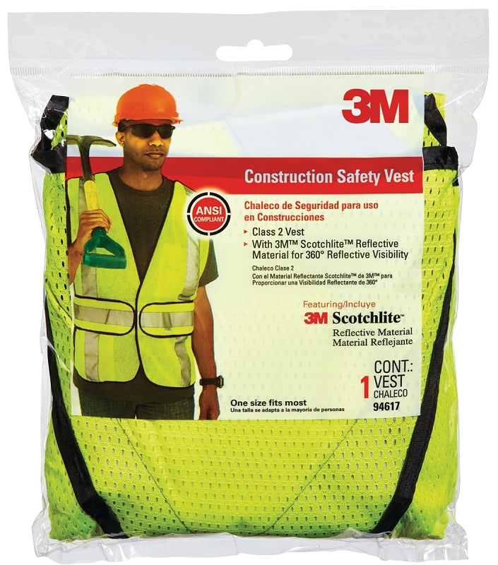 3M 94617-80030T Reflective Safety Vest, One-Size, Fabric, Fluorescent Yellow, 2 Pockets
