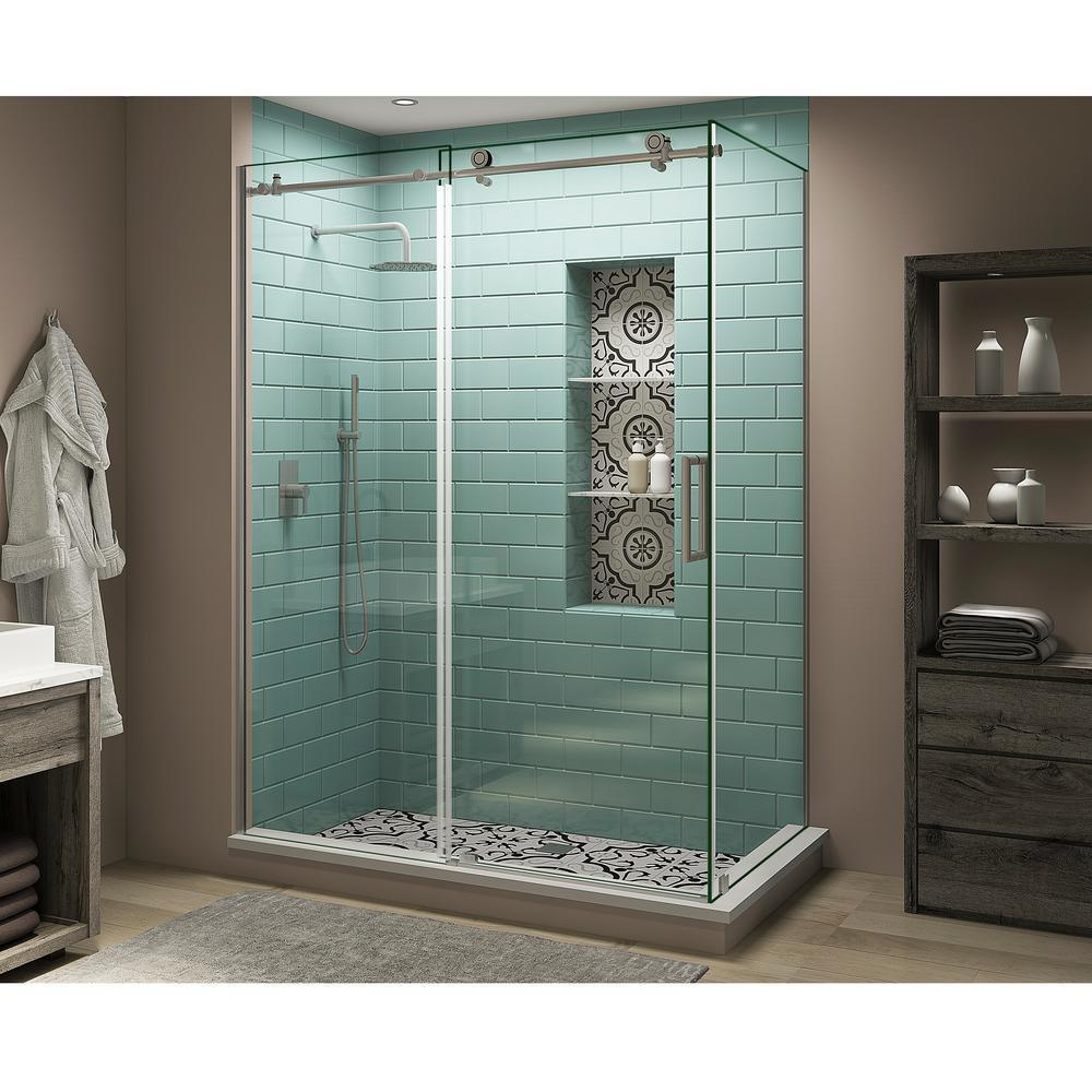 48 in. - 52 in. x 38 in. x 80 in. Frameless Corner Sliding Shower Enclosure Clear Glass in Stainless Steel Right