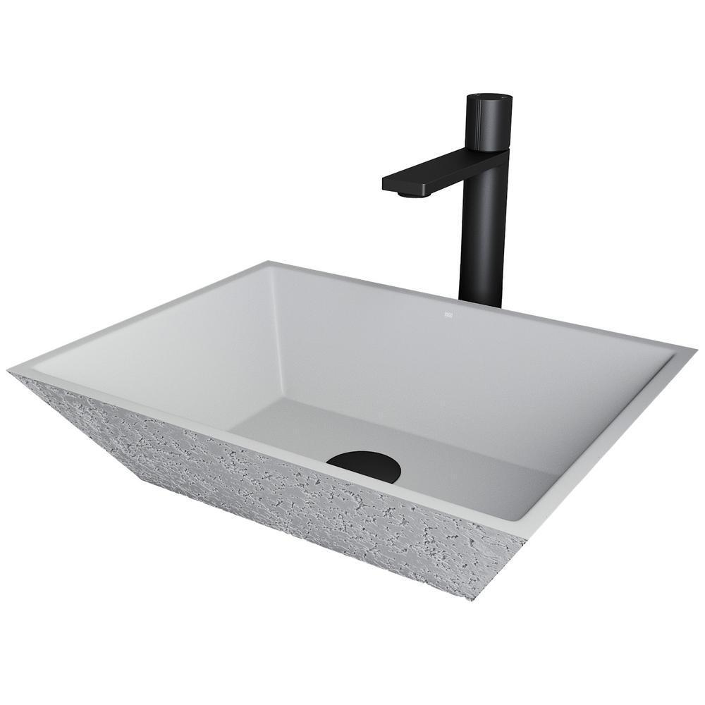 Cast Stone Calendula Concrete Rectangular Vessel Bathroom Sink in Ash Gray with Faucet and Pop-Up Drain in Matte Black