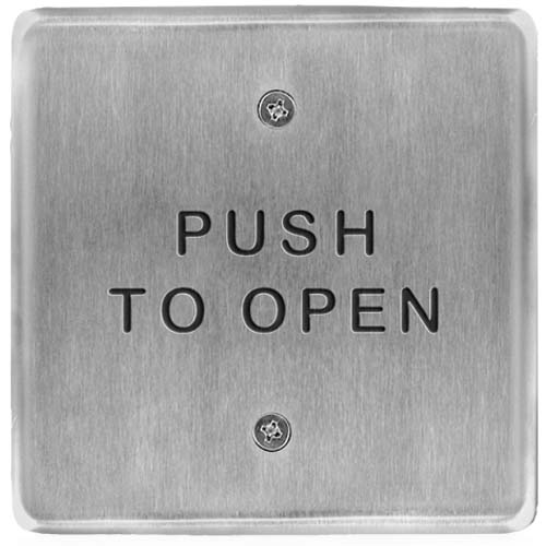 10PBS45 BEA push plate, S/S 4.5" square, "Push to Open" text