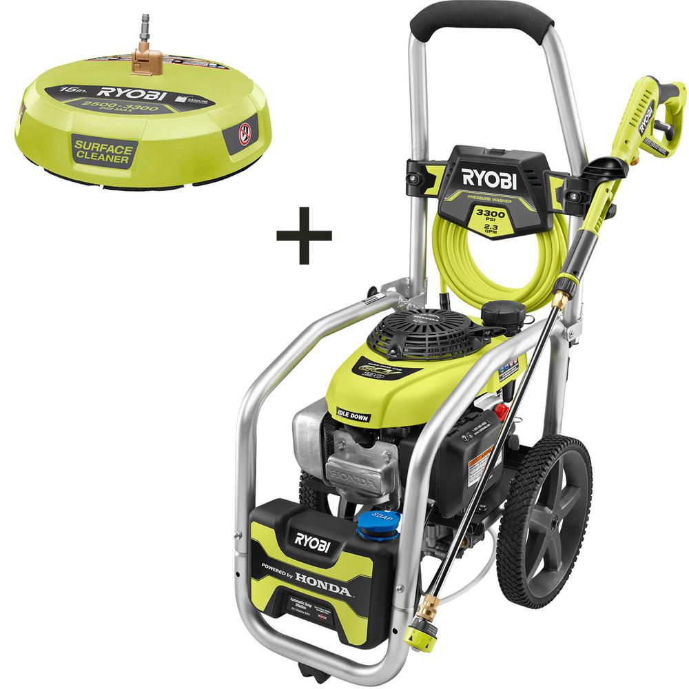 RYOBI 3300 PSI 2.3 GPM Honda GCV190 Gas Pressure Washer with Idle Down and 15 in. Surface Cleaner