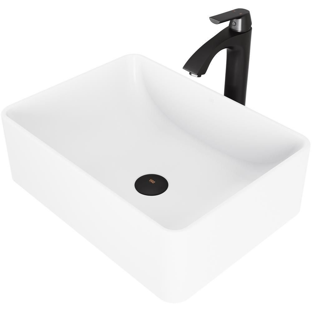 Amaryllis White Matte Stone Vessel Bathroom Sink Set with Linus Vessel Faucet in Matte Black
