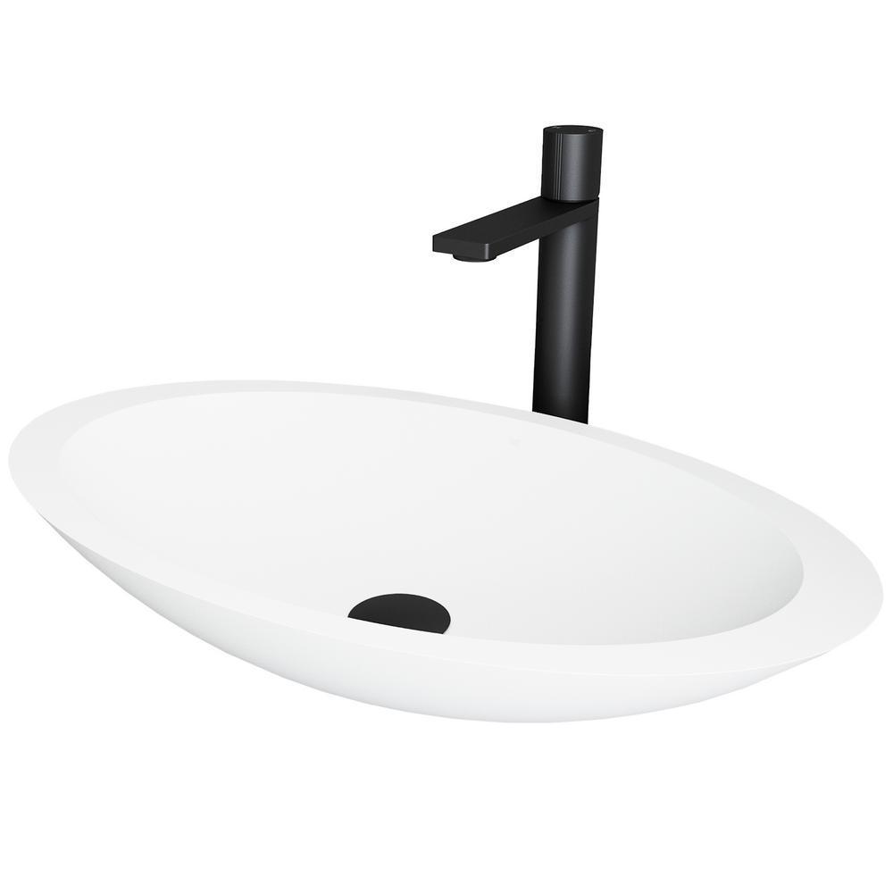 Matte Stone Oval Vessel Bathroom Sink in White and Gotham Faucet in Matte Black
