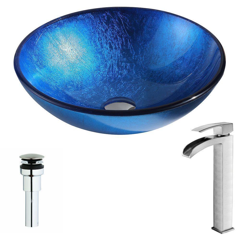 Clavier Series Deco-Glass Vessel Sink in Lustrous Blue with Key Faucet in Brushed Nickel