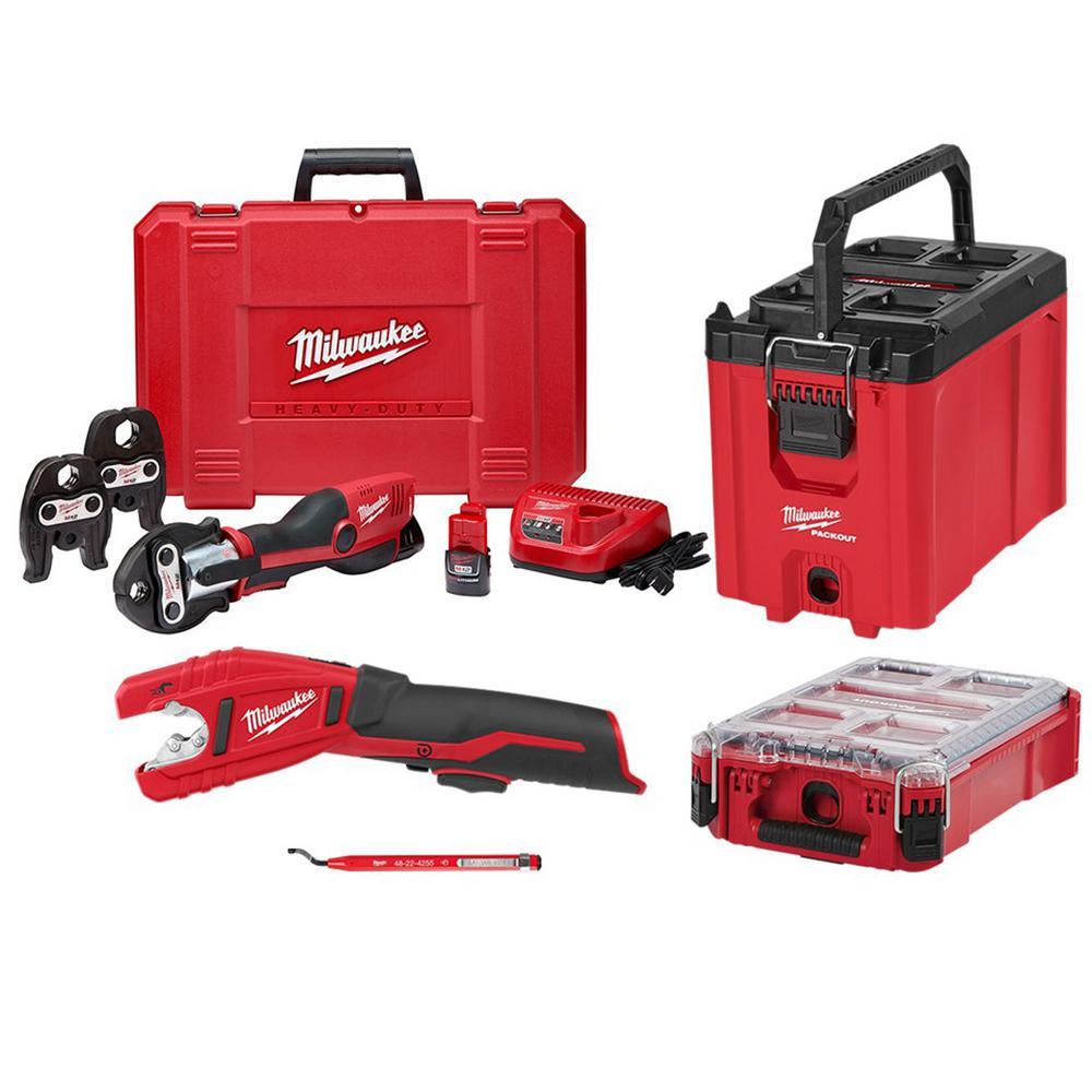M12 12-Volt Lithium-Ion Force Logic Cordless Press Tool Kit (3-Jaws Included) w/ M12 Copper Tubing Cutter & Packout Kit