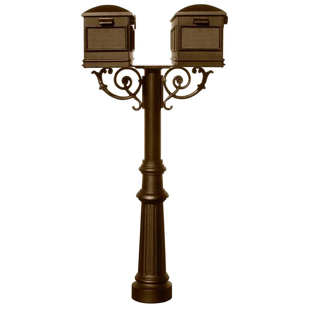 Hanford Bronze Post Mount Non-Locking Twin Mailbox with Scroll Supports