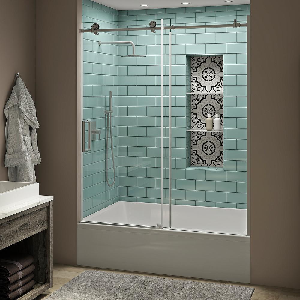 Coraline XL 56 - 60 in. x 70 in. Frameless Sliding Tub Door with StarCast Clear Glass in Stainless Steel, Left Opening