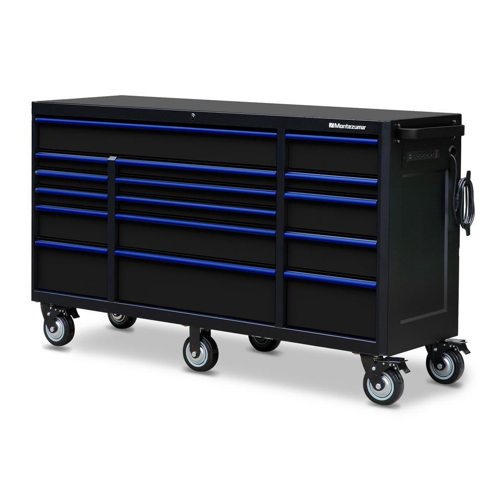 72 in. x 20 in. 16-Drawer Roller Cabinet Tool Chest with Power and USB Outlets in Black and Blue