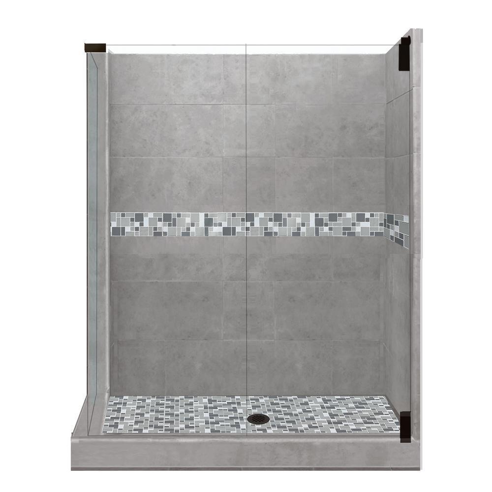 Newport Grand Hinged 42 in. x 48 in. x 80 in. Right-Hand Corner Shower Kit in Wet Cement and Black Pipe Hardware