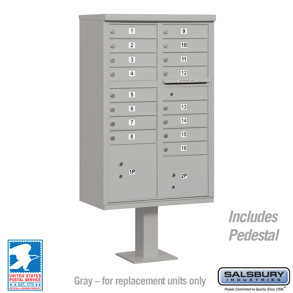 Cluster Box Unit with 16 Doors and 2 Parcel Lockers in Gray with USPS Access