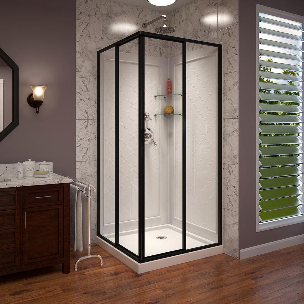 Cornerview 36 in. D x 36 in. W Framed Sliding Shower Kit in Satin Black with Shower Base in White, Corner Drain