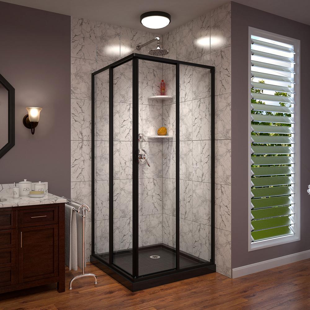 Cornerview 34 in. W x 72 in. H Framed Sliding Shower Door in Satin Black with 36 in. x 36 in. Base in Black