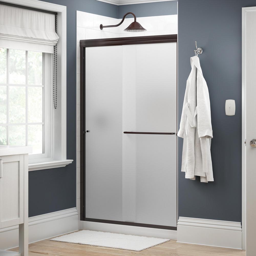 Simplicity 48 in. x 70 in. Semi-Frameless Traditional Sliding Shower Door in Bronze with Niebla Glass