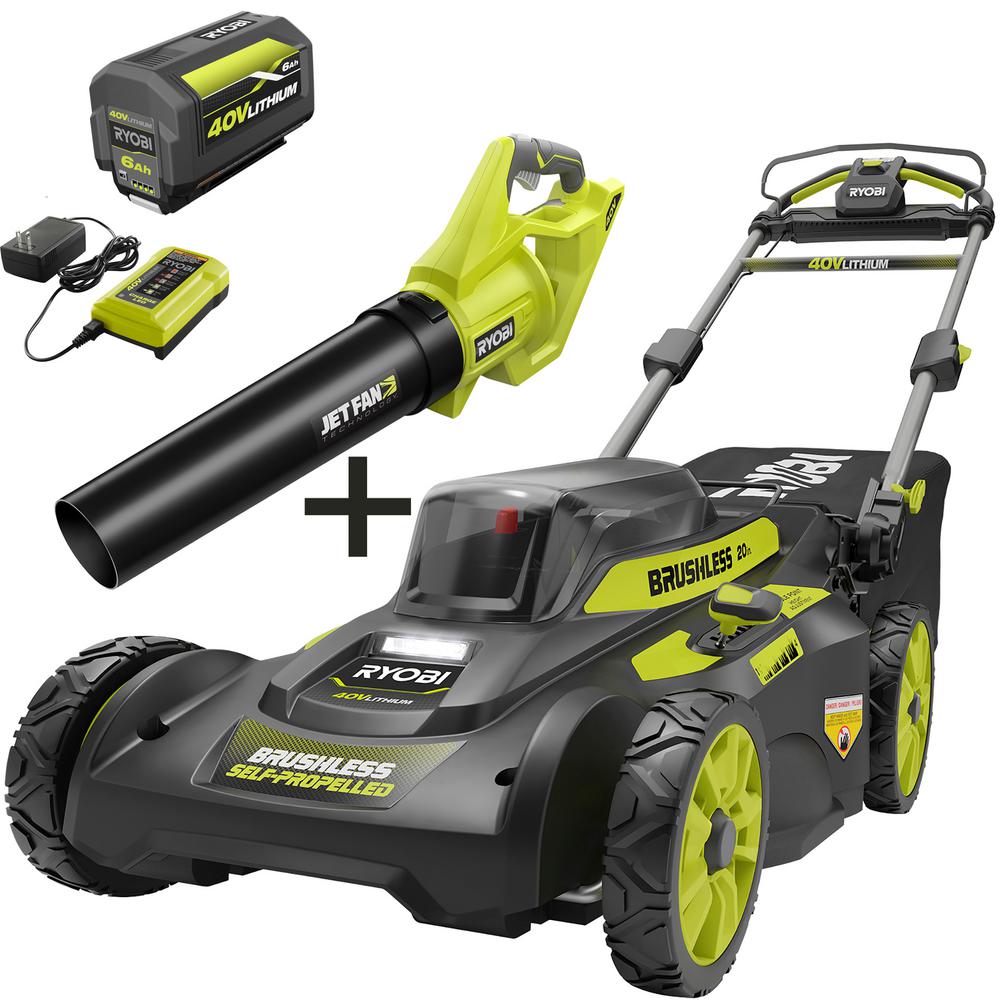 RYOBI 20 in. 40-Volt Brushless Lithium-Ion Cordless Self-Propelled Walk Behind Lawn Mower & Blower w/6.0 Ah Battery & Charger