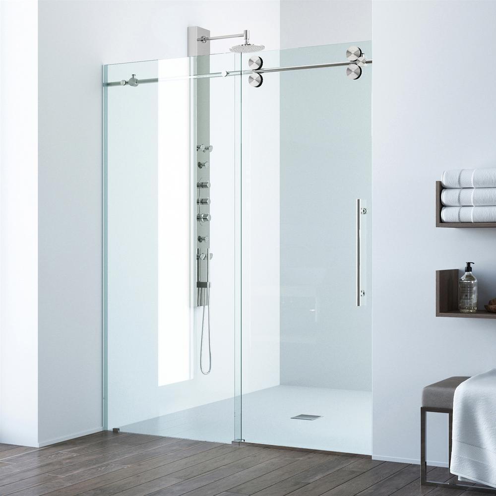 Elan 60 to 64 in. x 74 in. Frameless Sliding Shower Door in Stainless Steel with Clear Glass and Handle