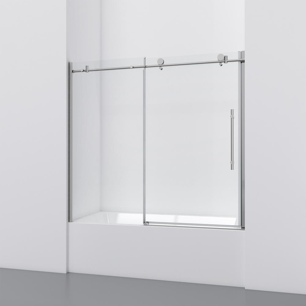 60 in. W x 59 in. H Sliding Frameless Bathtub Door in Stainless Steel with Clear Glass and Handle