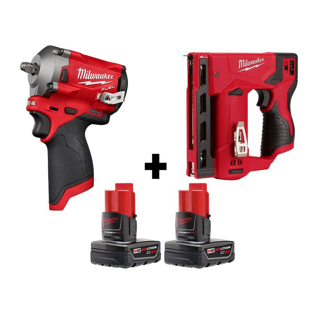 M12 FUEL 12-Volt Lithium-Ion Brushless Cordless Stubby 3/8 in. Impact Wrench and Crown Stapler with two 3.0 Ah Batteries