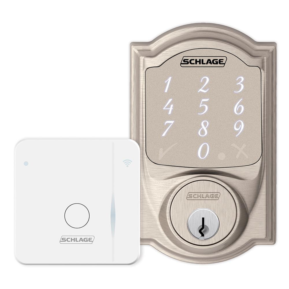 Sense Satin Nickel Camelot Trim Smart Deadbolt and Wi-fi Adapter Bundle