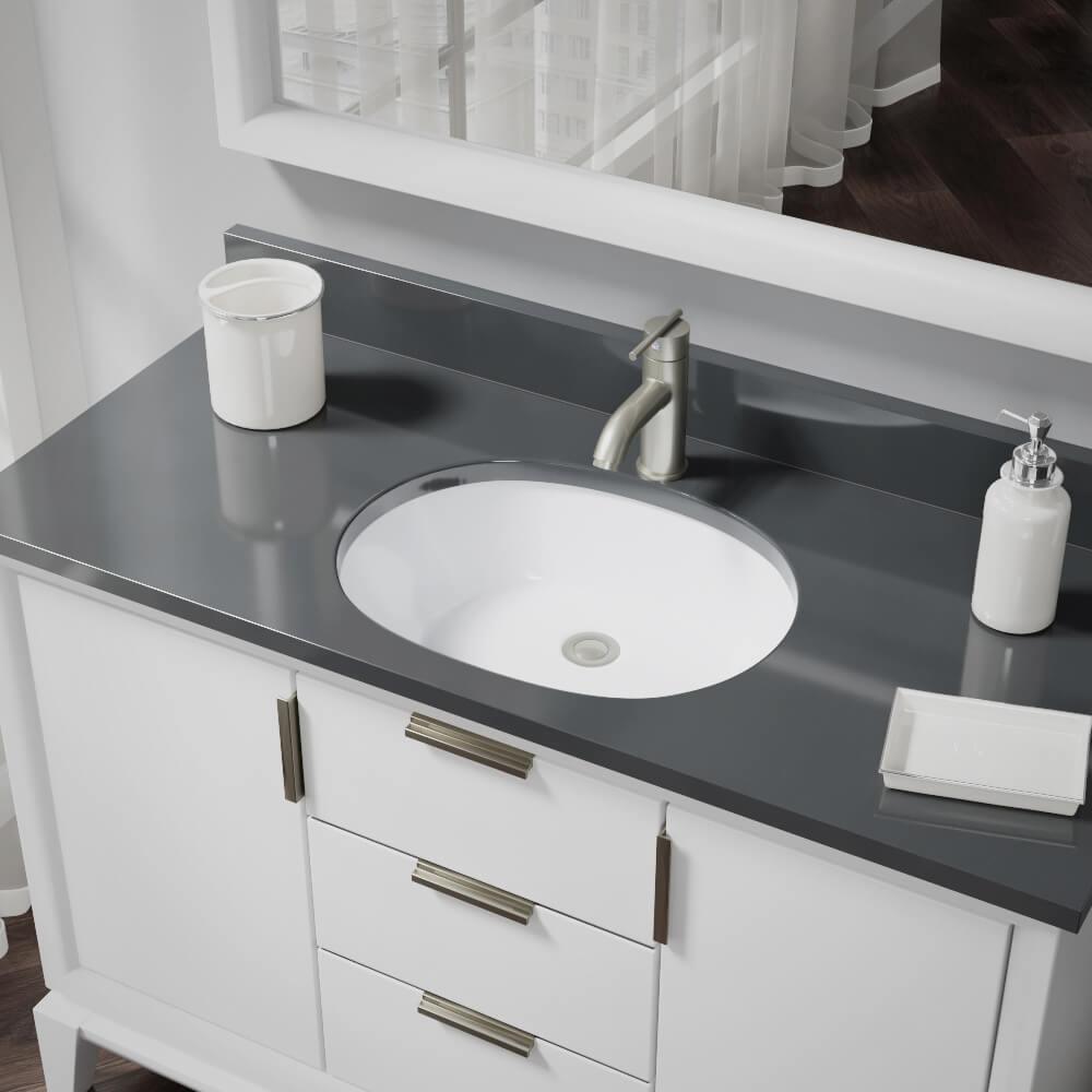 Under-Mount Porcelain Bathroom Sink in White with Pop-Up Drain in Brushed Nickel
