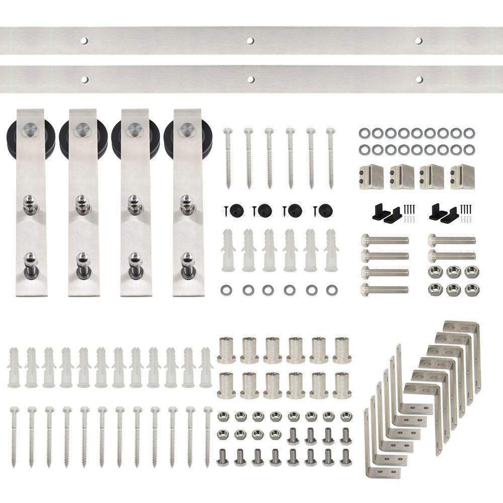7.5 ft./90 in. Stainless Steel Sliding Bypass Barn Door Hardware Track Kit for Double Doors Non-Routed Floor Guide