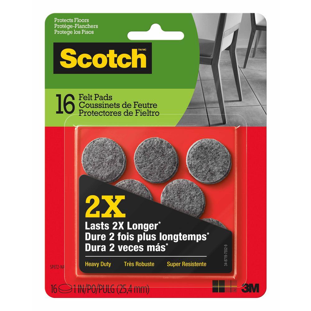 Scotch 1 in. Gray Round Heavy Duty Surface Protection Felt Floor Pads (16-Pack)