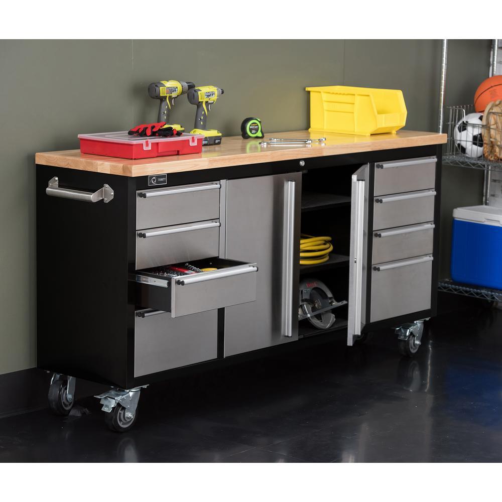 72 in. 8-Drawer Black Rolling Mobile Workbench with Stainless Steel Face