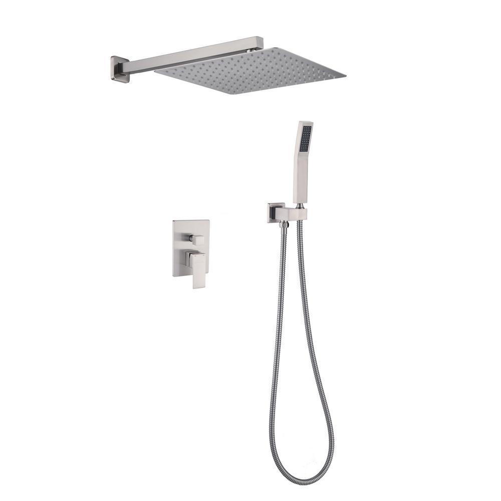 Shower System Wall Mounted with 10 in. Square Rainfall Shower head and Handheld Shower Head Set, Brushed Nickel