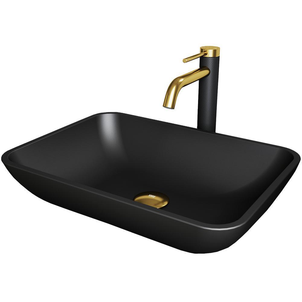 MatteShell Rectangular Vessel Bathroom Sink in Black and Lexington cFiber Faucet in Matte Gold/Matte Black