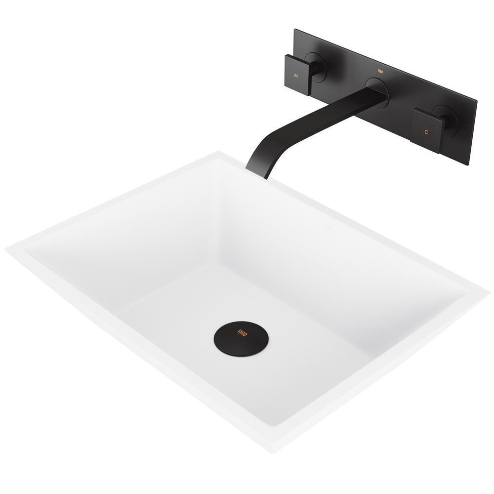 Vinca White Matte Stone Vessel Bathroom Sink Set with Titus Wall Mount Faucet in Matte Black