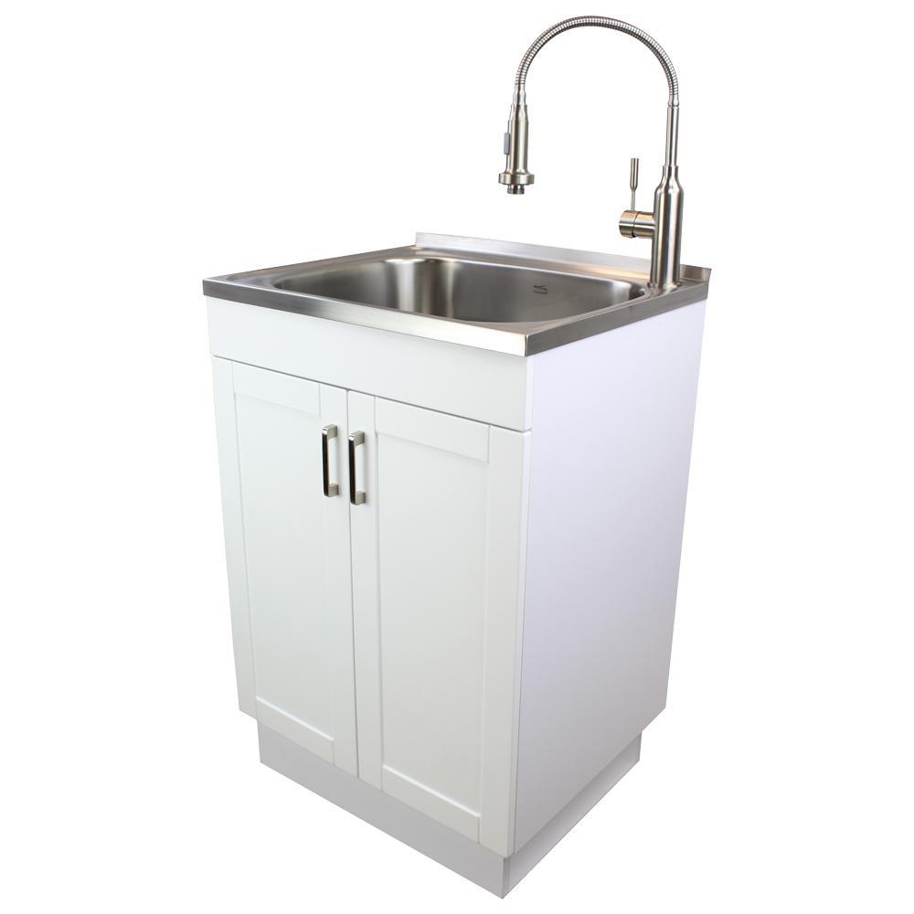 All-in-One 23.6 in. x 19.7 in. x 34.6 in. Stainless Steel Laundry/Utility Sink and Wood Cabinet with Faucet in White