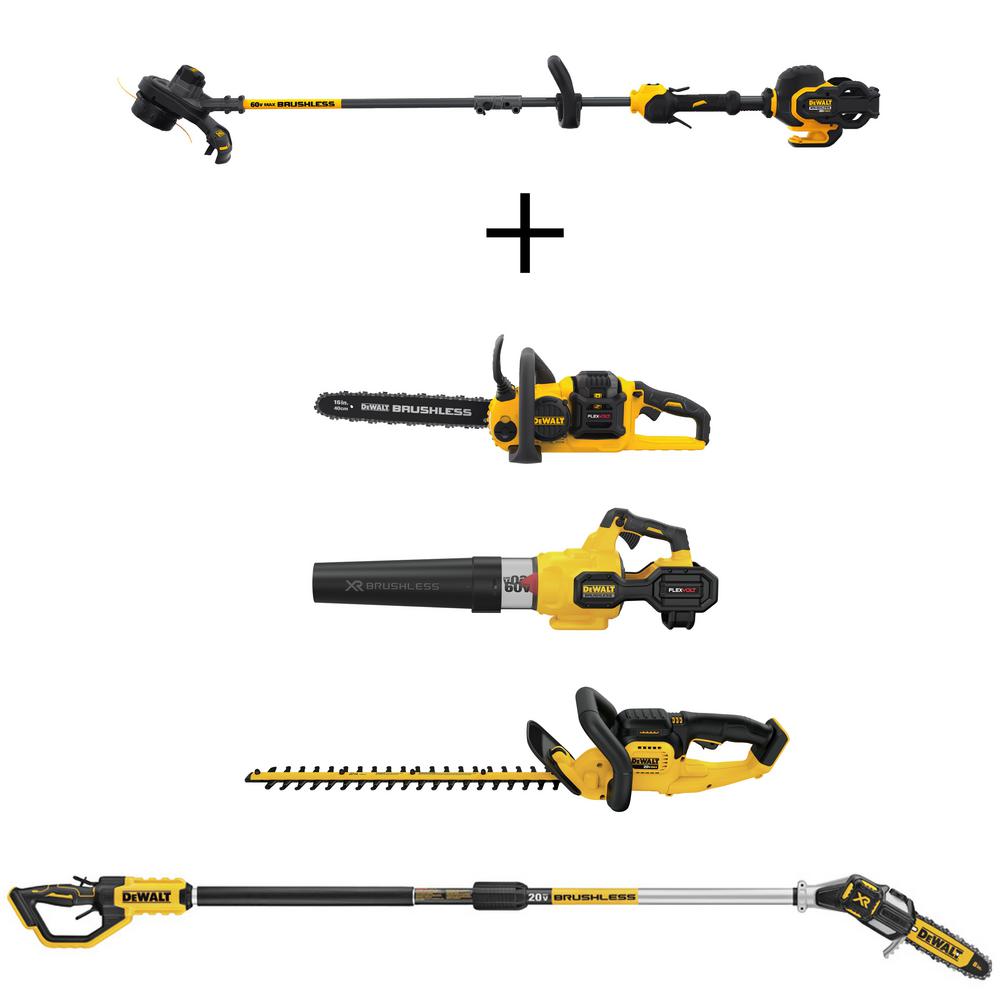 DEWALT 15 in. 60V Li-Ion Cordless String Grass Trimmer (Tool Only) w/ 16 in. Chainsaw, Blower, 8 in. Pole Saw & Hedge Trimmer