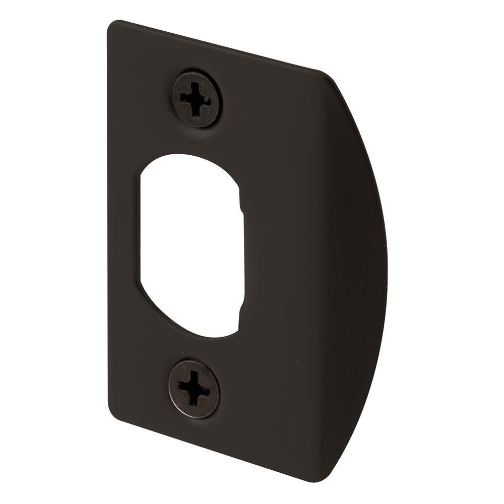 Door Latch Strike Plate, Steel Construction, Classic Bronze Finish
