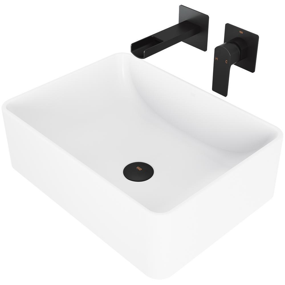 Amaryllis White Matte Stone Vessel Bathroom Sink Set with Atticus Wall Mount Faucet in Matte Black