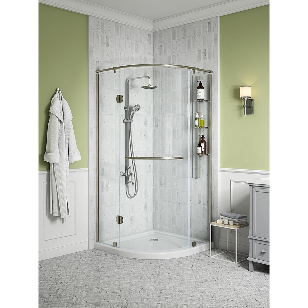 Glamour 38 in. x 73.90 in. Semi-Frameless Pivot Corner Shower Door in Satin Nickel with 38 in. x 38 in. Base in White