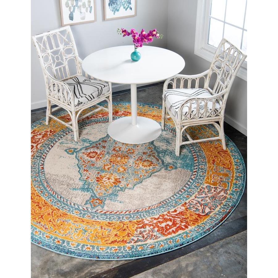 Unique Loom Da Vinci Vita 4 x 4 Blue/Orange Round Indoor Medallion Oriental Area Rug