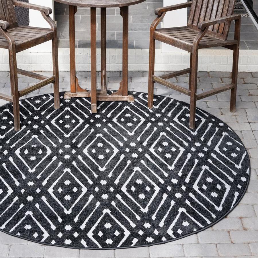 Unique Loom Ella Sabrina Soto Outdoor 8 x 8 Black Round Indoor/Outdoor Geometric French Country Area Rug