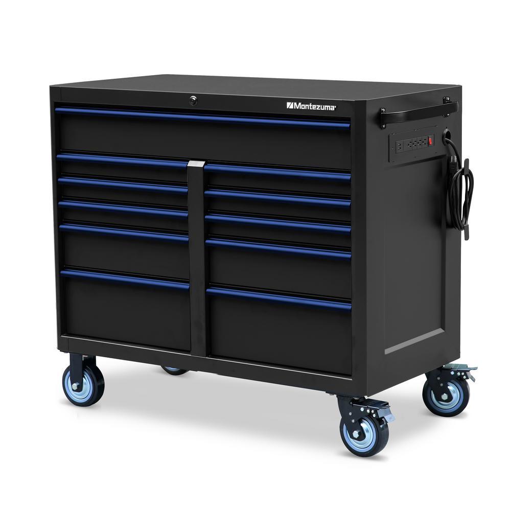 46 in. x 24 in. 11-Drawer Roller Cabinet Tool Chest with Power and USB Outlets in Black and Blue