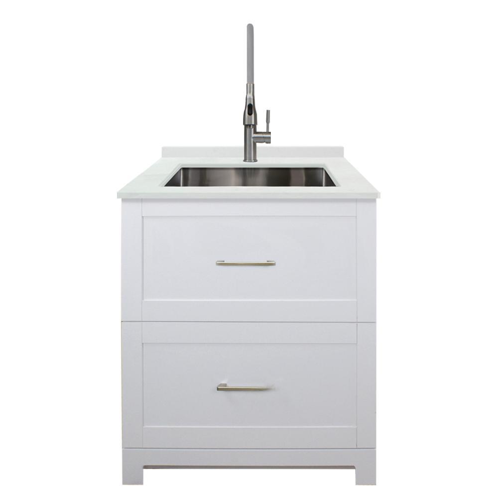 All-in-One 29 in. x 25.5 in. Stainless Steel Quartz Undermount Laundry/Utility Sink and Cabinet with Faucet in White