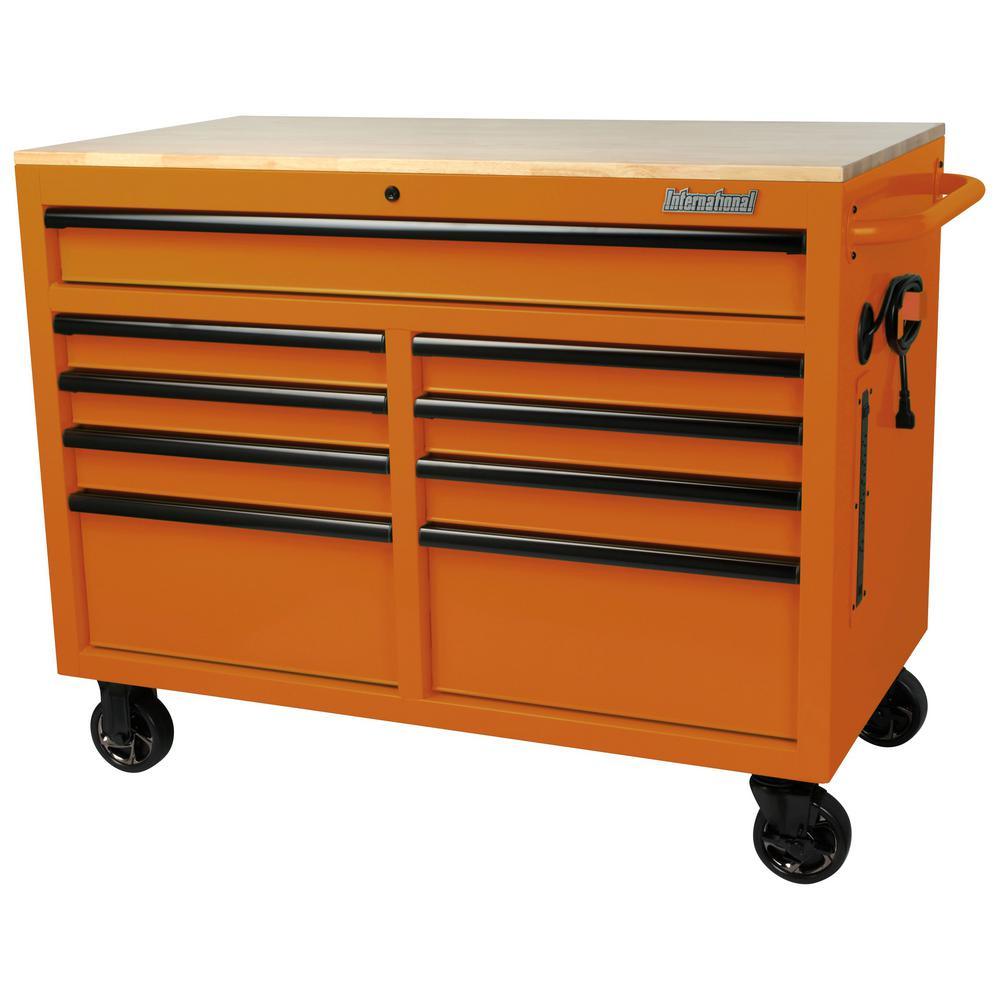 46 in. W x 24.5 in. D 9-Drawer Tool Chest Mobile Workbench with Solid Wood Top in Orange