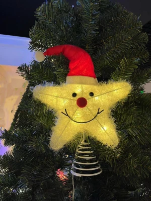 Lighted Star Tree Topper With Santa Hat, 10 Warm White Led Lights, Timer/battery Operated, 12 In.