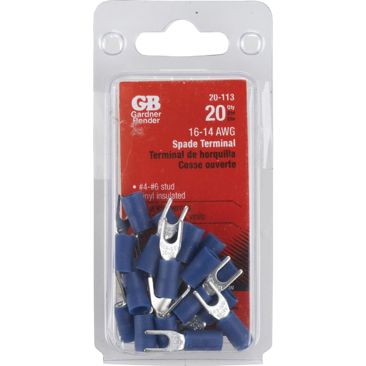 Spade Terminals, Vinyl Insulated, 4-6 Stud, 16-14 Awg, 20-pk.