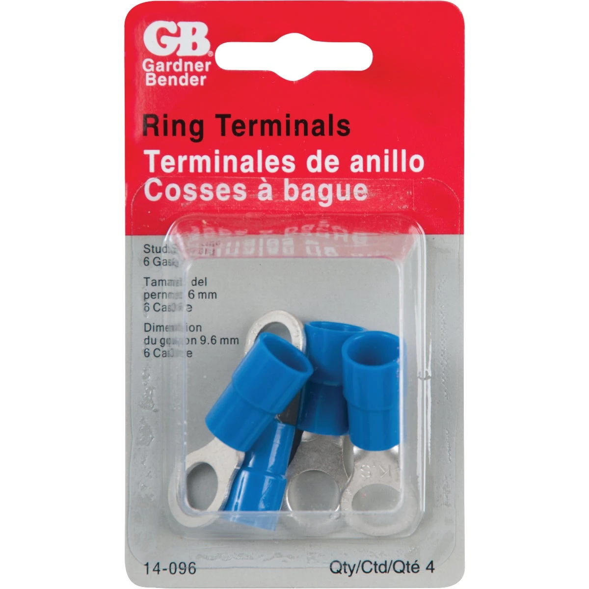 Ring Terminal, Vinyl Insulated Barrel, 6 Awg, Blue, 3/8-in., 4-pk.