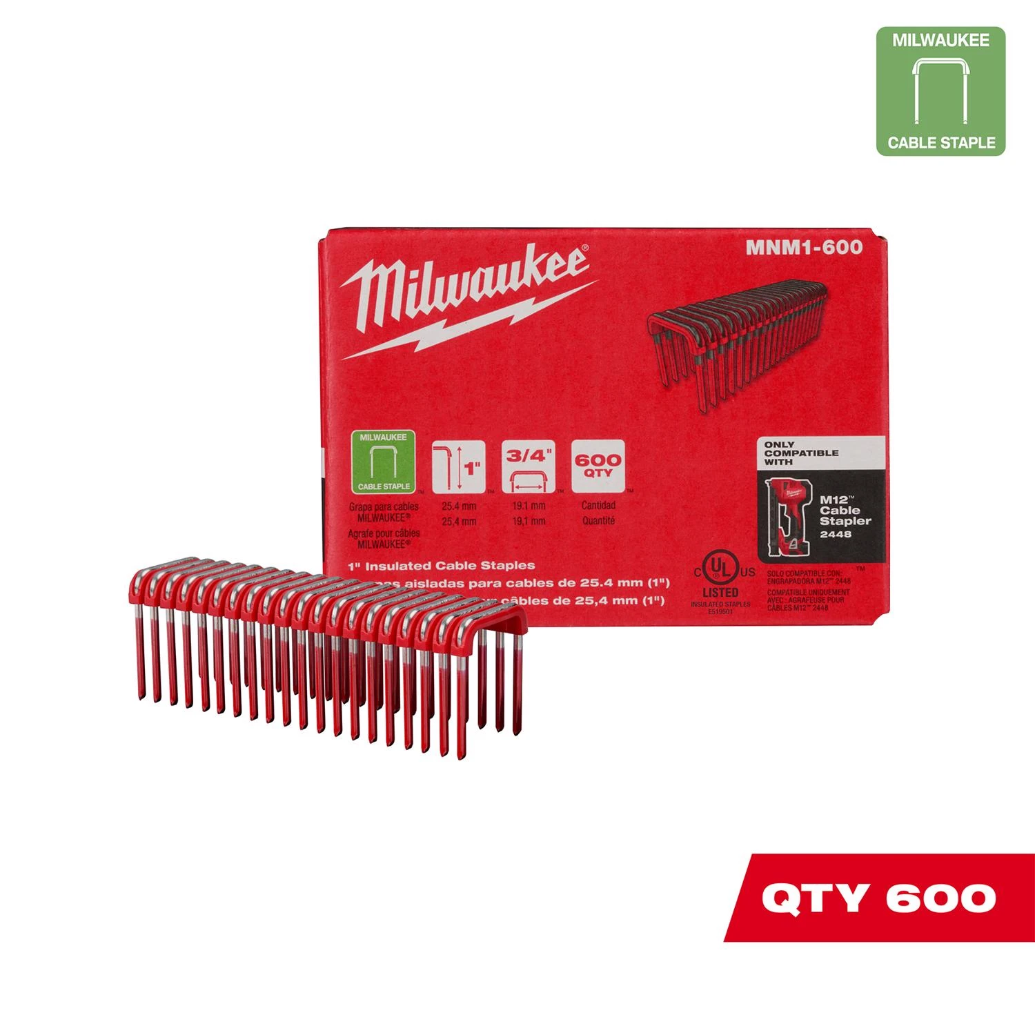 Milwaukee 1 In. Insulated Cable Staples For M12 Cable Stapler (600 Per Box), Reds / Pinks