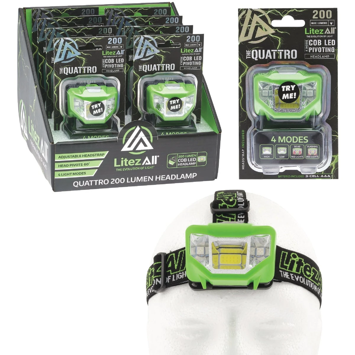 Quattro 200 Lumen Led Headlamp With 4 Modes And Adjustable Headband