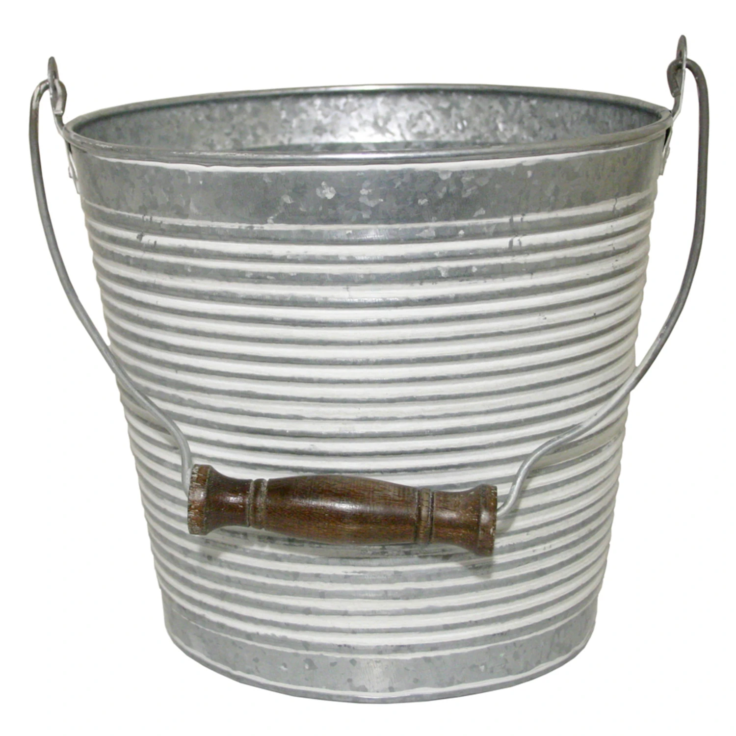10 Inch White Wash Ribbed Metal Planter With Handle