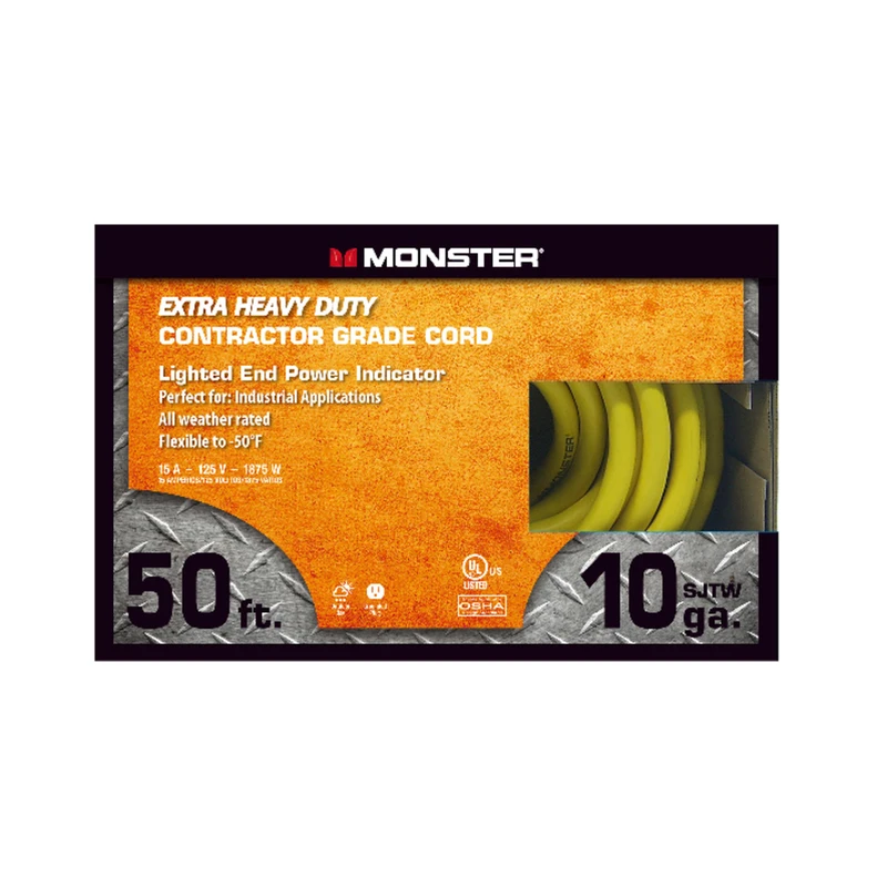 50 Ft. Yellow Outdoor Extension Cord 10/3 Sjtw With Lighted End