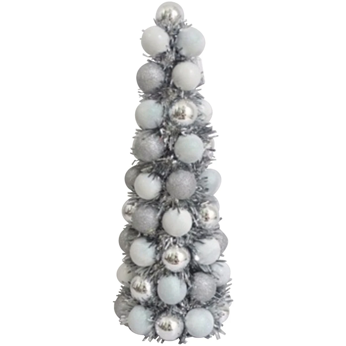 Silver And White Glitter Ball Cone Tree With Silver Tinsel, 17 Inches Tall