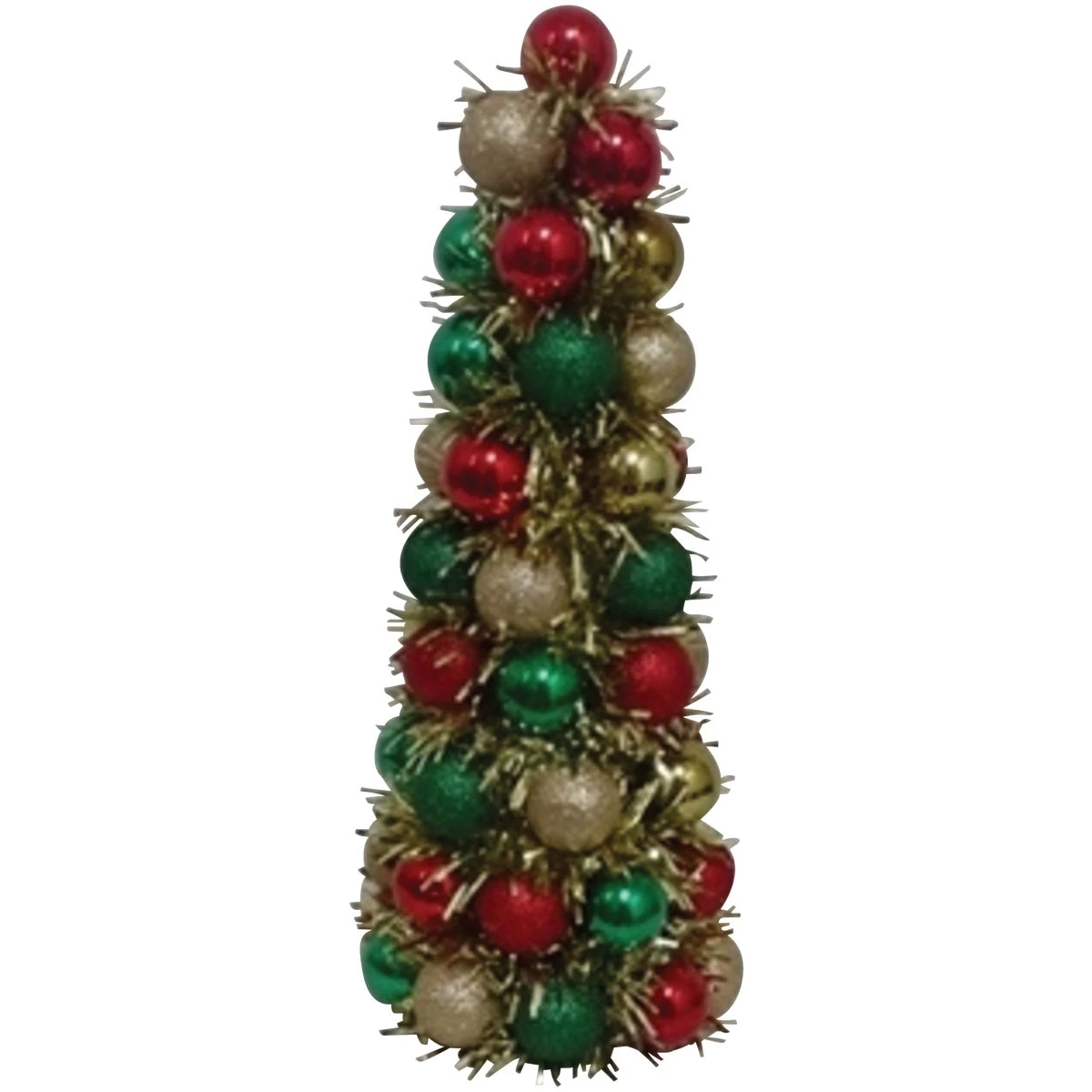 Seventeen Inch Glitter Ball Cone Tree In Red Gold And Green With Gold Tinsel Decoration