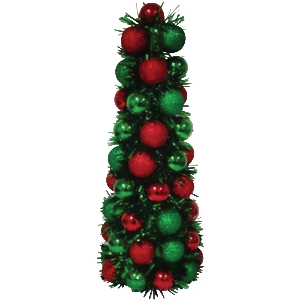Seventeen Inch Red And Green Glitter Ball Cone Tree With Green Tinsel Decoration